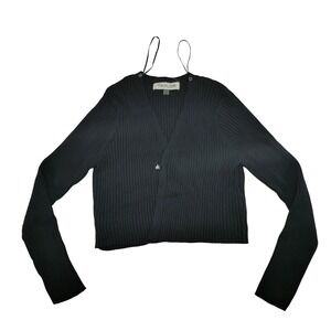 Taylor Women's Rib-Knit Cardigan Black  Size L MISSING removable Faux-Fur-Collar